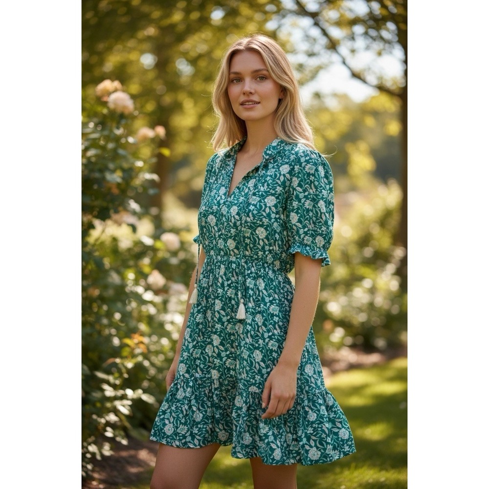 Mila Mae‎ Cottagecore Tie Neck Mini Dress in Teal Floral size S